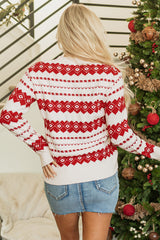 White Western Geometric Patterned Crew Neck Loose Sweater Sweaters JT's Designer Fashion