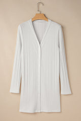 White Solid Color Ribbed Button up Tunic Cardigan Cardigans JT's Designer Fashion