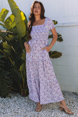 Purple Floral Short Bubble Sleeve Shirred High Waist Long Dress Maxi Dresses JT's Designer Fashion