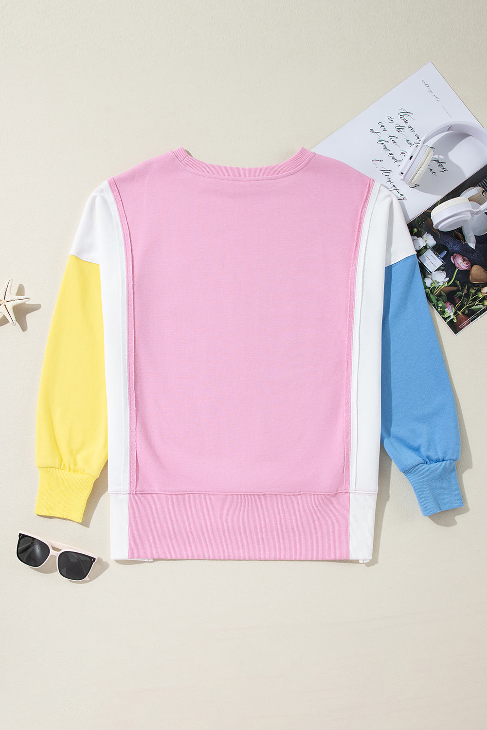 Bonbon Color Block Exposed Seam Side Slits Crewneck Sweatshirt Sweatshirts & Hoodies JT's Designer Fashion