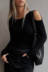 Black Ribbed Knit Cold Shoulder Sweater Sweaters JT's Designer Fashion