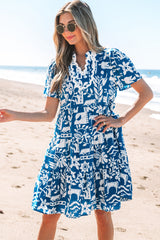 Blue Ricrac Trim Split Neck Floral Loose Dress Floral Dresses JT's Designer Fashion