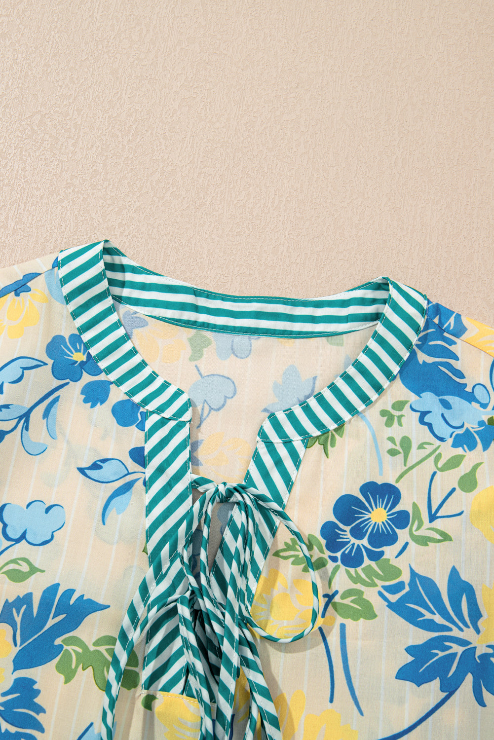 Blue Floral Striped Trim Puff Short Sleeve Dress Floral Dresses JT's Designer Fashion