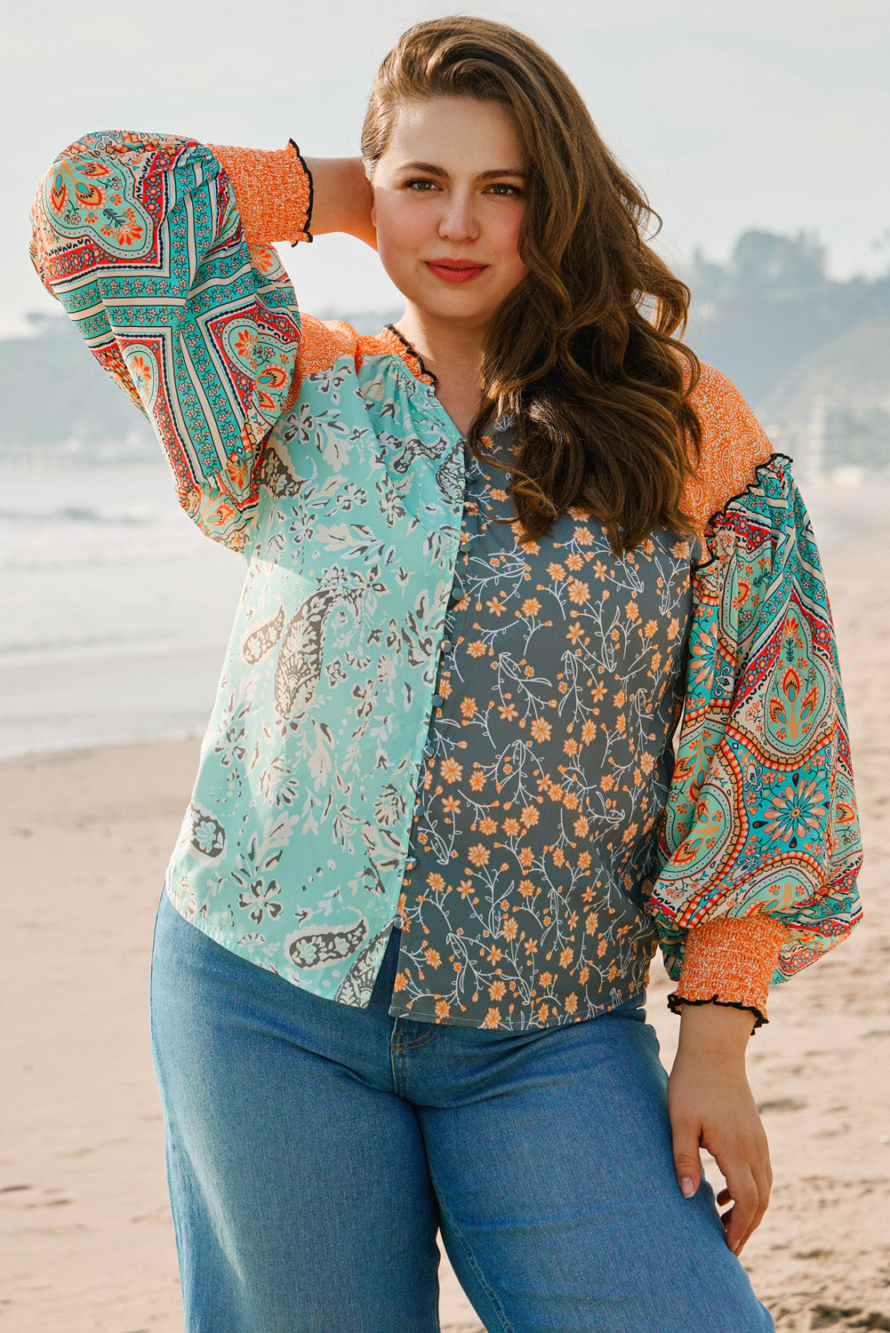 Green Floral Patchwork Lantern Sleeve Buttoned V Neck Plus Size Blouse Green 100%Polyester Plus Size Blouses & Shirts JT's Designer Fashion