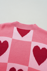 Pink Plus Size Love Heart Block Mock Neck Lantern Sleeve Valentine Sweater Plus Size Sweaters & Cardigans JT's Designer Fashion