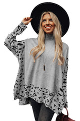 Gray Leopard High Neck Side Slit Oversized Sweater Sweaters JT's Designer Fashion