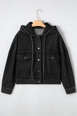 Black Big Chest Pocket Drop Shoulder Hooded Denim Jacket Denim Jackets JT's Designer Fashion