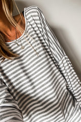 Gray Stripe Drop Sleeve Round Neck Oversized Long Sleeve Top Long Sleeve Tops JT's Designer Fashion
