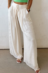 White Casual Tie Waist Pleated Wide Leg Pants Pants & Culotte JT's Designer Fashion