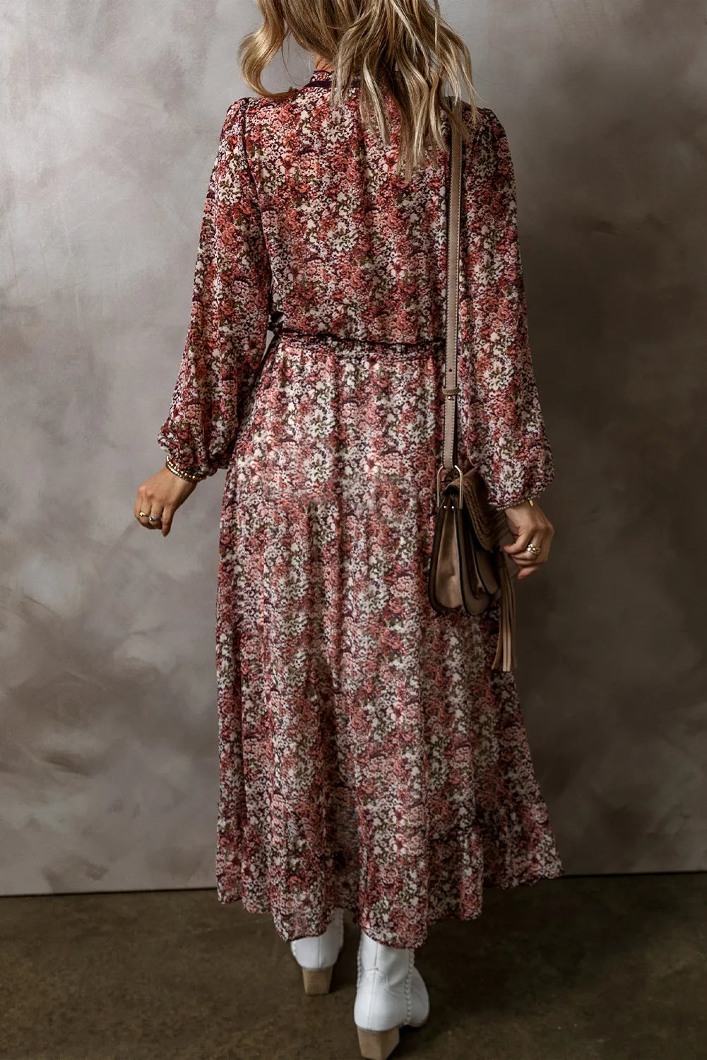 Printed V-Neck Long Sleeve Midi Dress Midi Dresses JT's Designer Fashion
