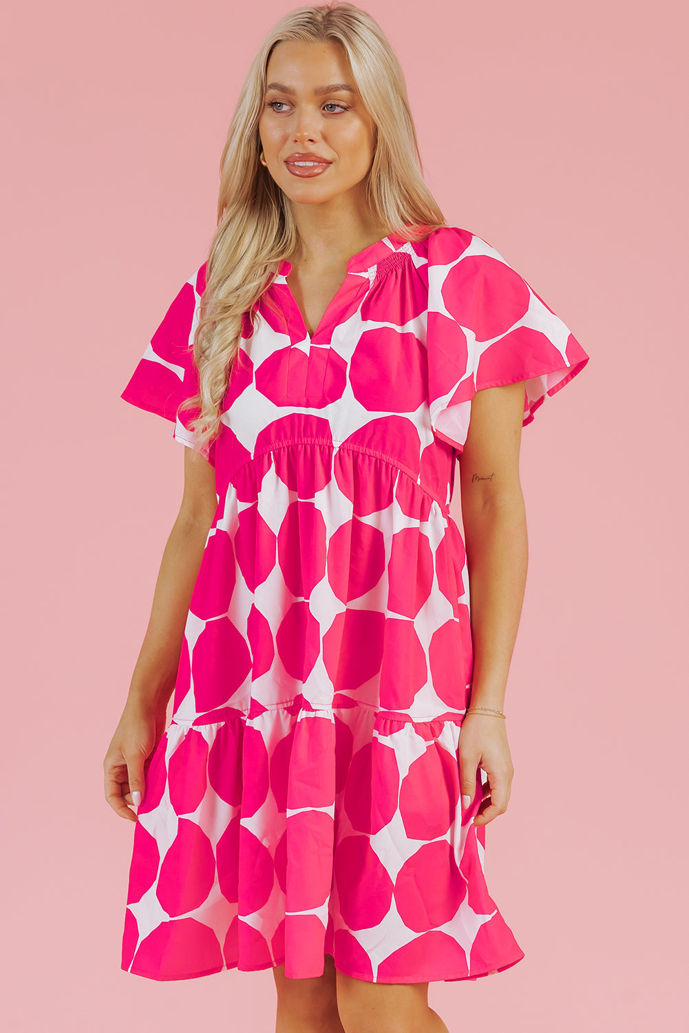 Rose Polka Dot Flutter Sleeve Notched Neck Tiered Flowy Dress Mini Dresses JT's Designer Fashion