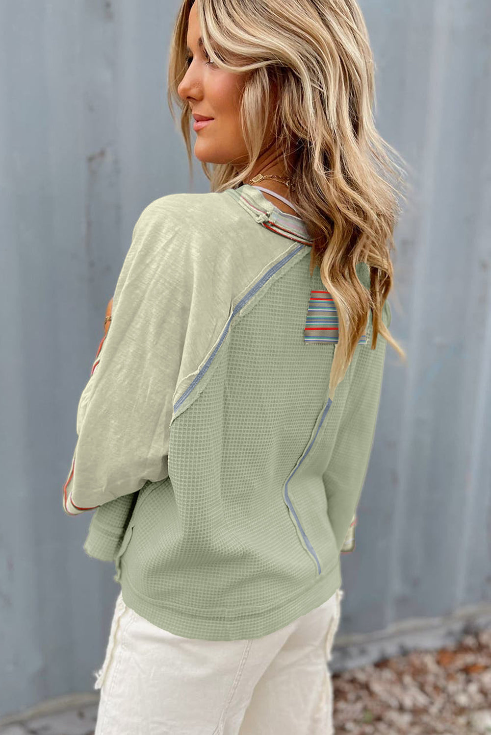 Meadow Mist Green Waffle Knit Wide Bracelet Sleeve Patchwork Raglan Top Long Sleeve Tops JT's Designer Fashion