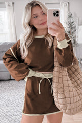 Coffee Color Contrast Loose Pullover and Lace-up Waist Skort Set Two Piece Dresses JT's Designer Fashion