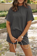 Carbon Grey Ribbed Textured Knit Loose Fit Tee and Shorts Set Short Sets JT's Designer Fashion