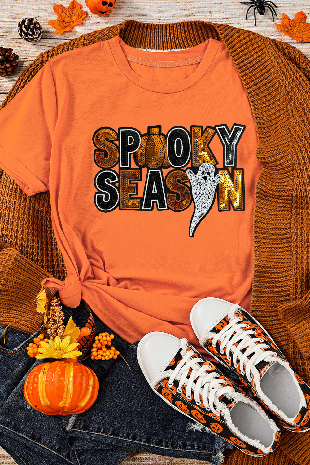 Orange Sequin SPOOKY SEASON Ghost Pattern Halloween T Shirt Graphic Tees JT's Designer Fashion