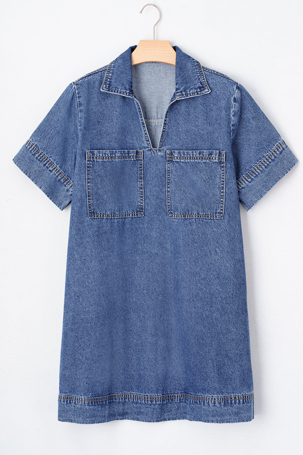 Blue Short Sleeve Collared Patched Pocket Denim Mini Dress Mini Dresses JT's Designer Fashion