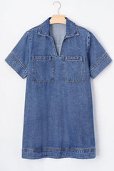 Blue Short Sleeve Collared Patched Pocket Denim Mini Dress Mini Dresses JT's Designer Fashion