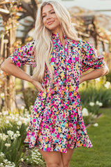 Pink Floral Puff Short Sleeve V Neck Mini Dress Floral Dresses JT's Designer Fashion