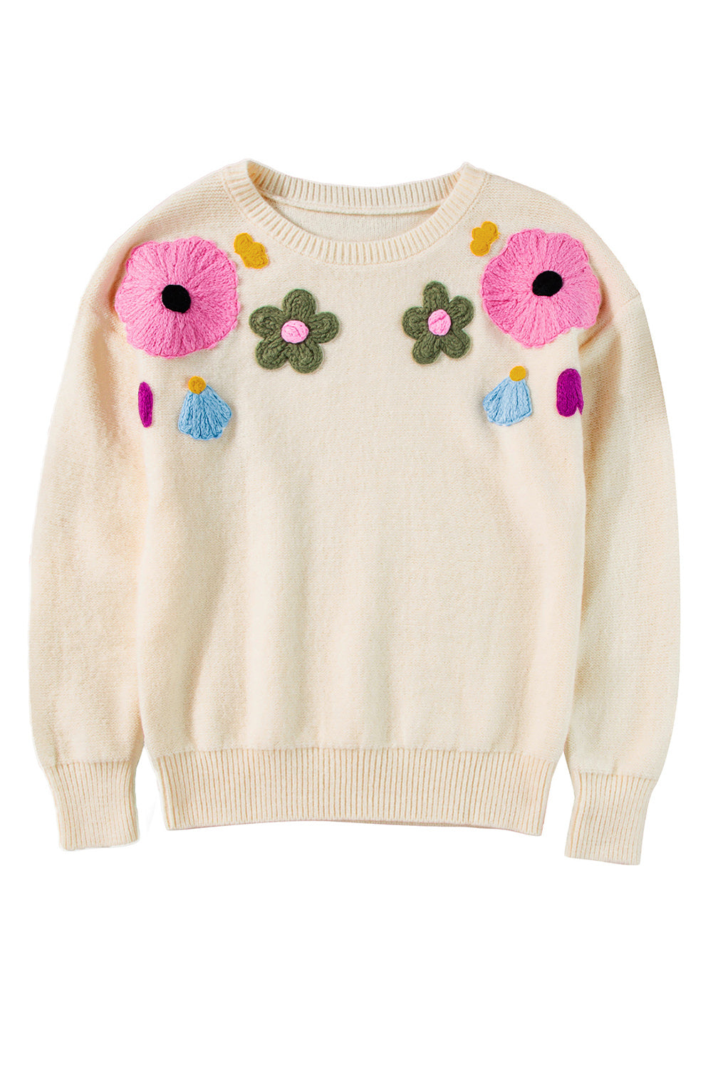 Beige Knitted Flower Pattern Ribbed Edge Sweater Sweaters JT's Designer Fashion
