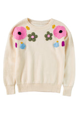 Beige Knitted Flower Pattern Ribbed Edge Sweater Sweaters JT's Designer Fashion