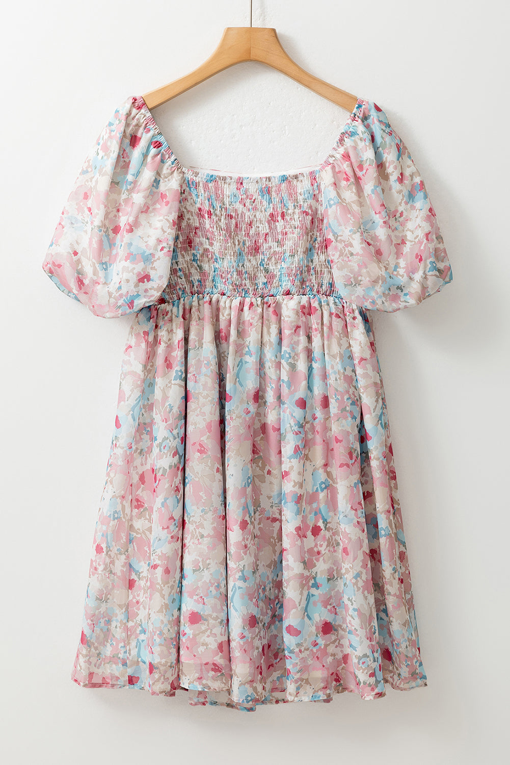 Pink Floral Puff Sleeve Square Neck Smock Ruffled Dress Floral Dresses JT's Designer Fashion