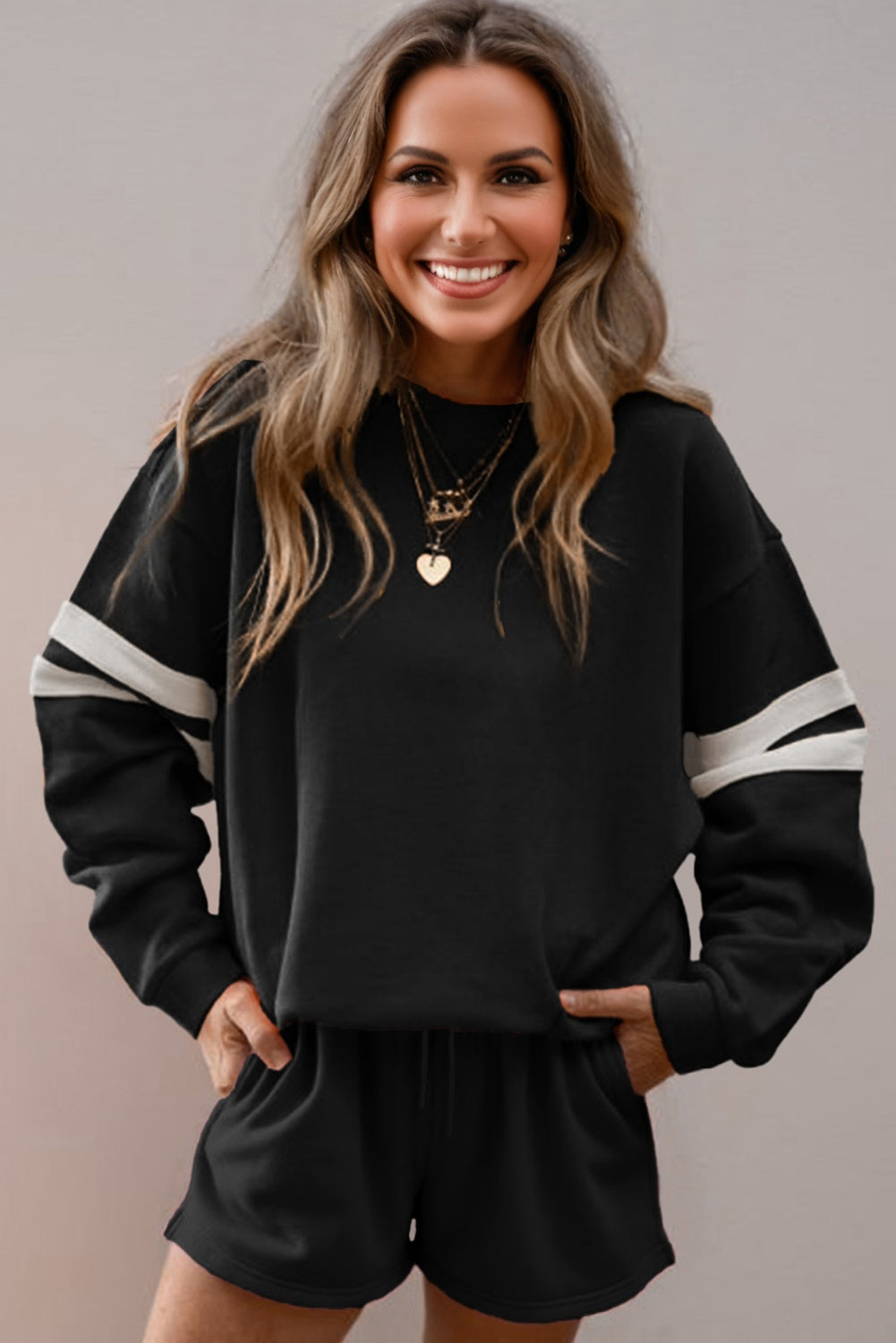 Black Varsity Striped Sleeve Drop Shoulder Sweatshirt and Short Set Short Sets JT's Designer Fashion
