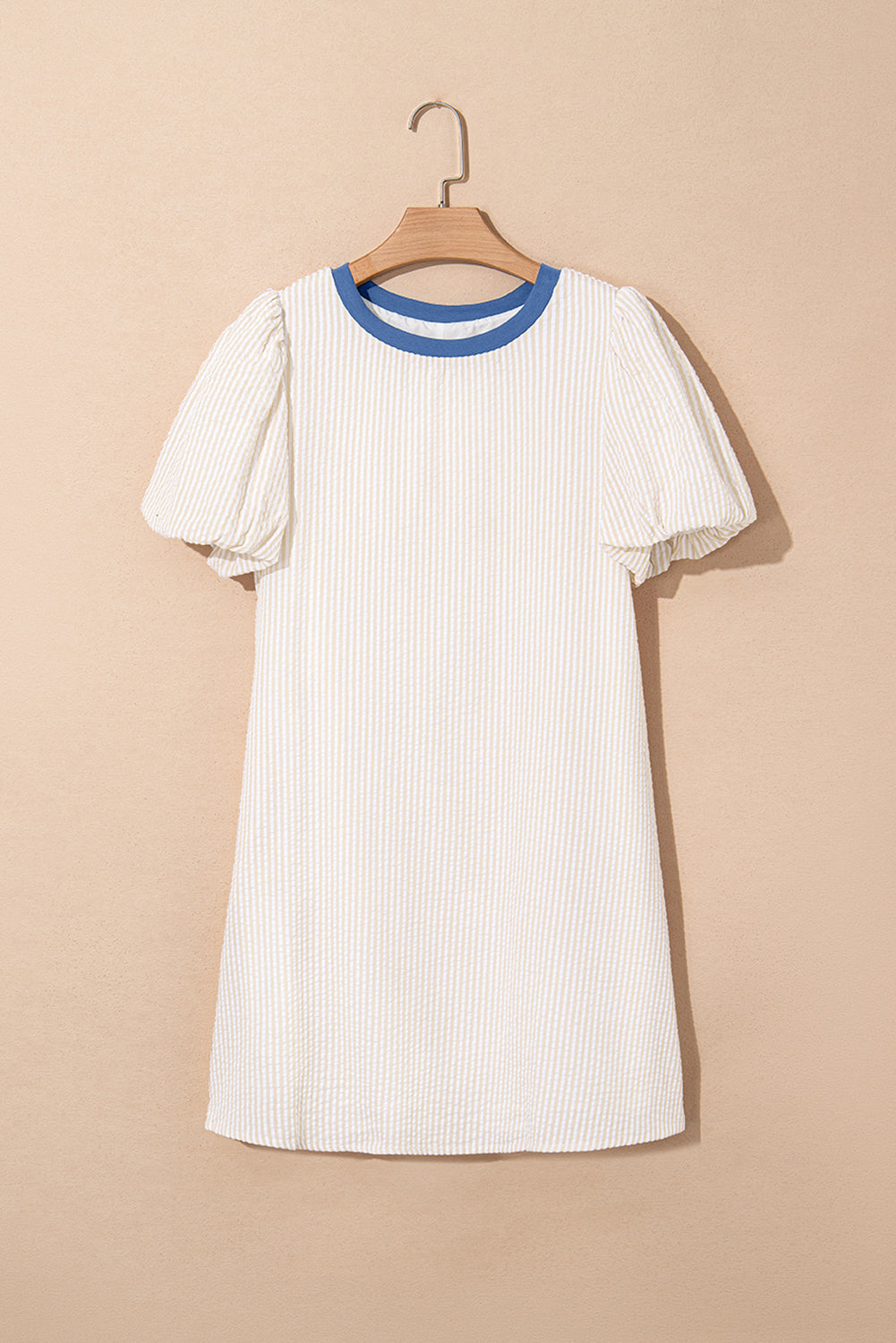 Beige Stripe Stripe Print Puff Sleeve Versatile Pullover Dress Dresses JT's Designer Fashion