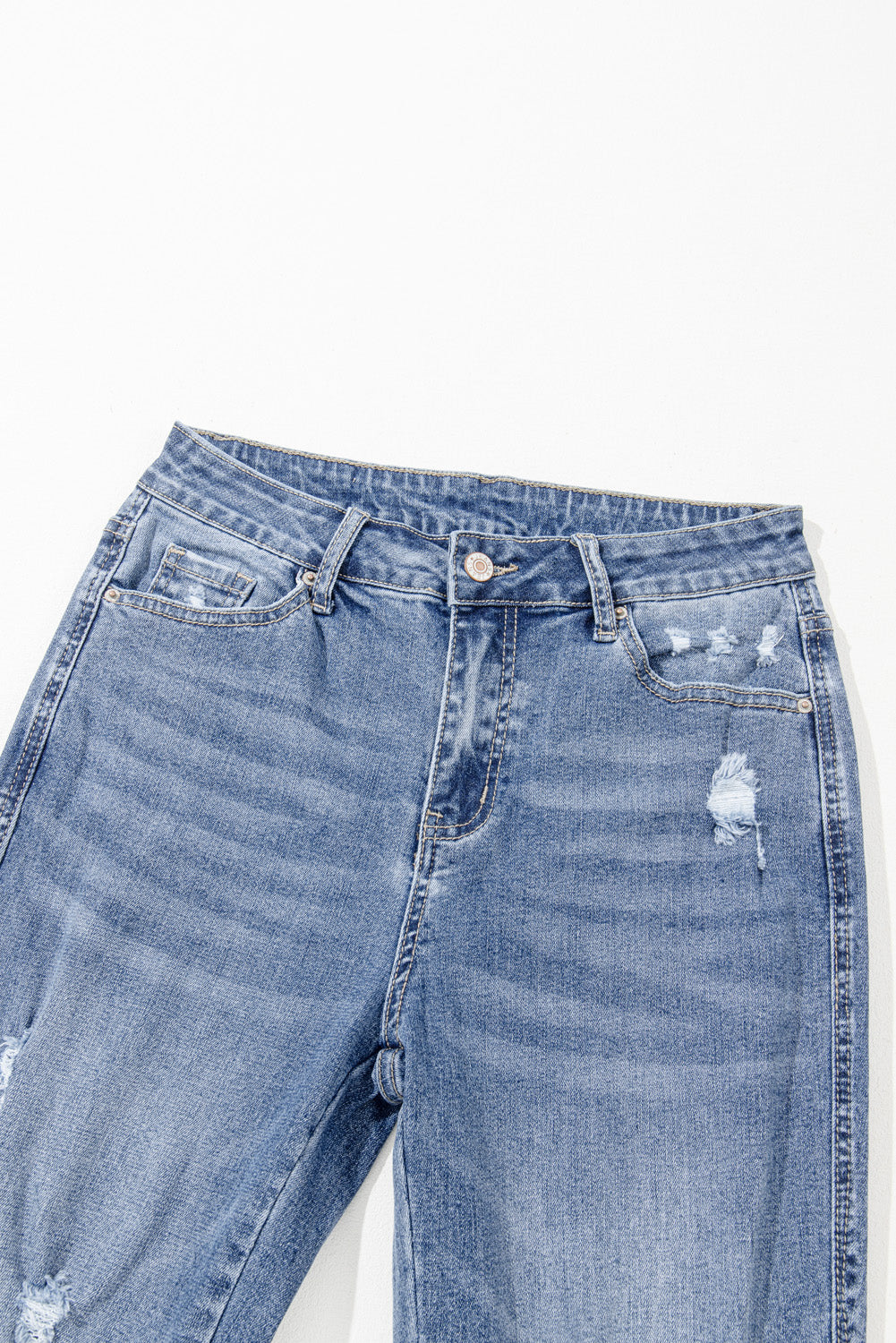 Dusk Blue High Rise Ripped Distressed Hem Flared Jeans Jeans JT's Designer Fashion