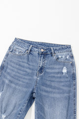 Dusk Blue High Rise Ripped Distressed Hem Flared Jeans Jeans JT's Designer Fashion