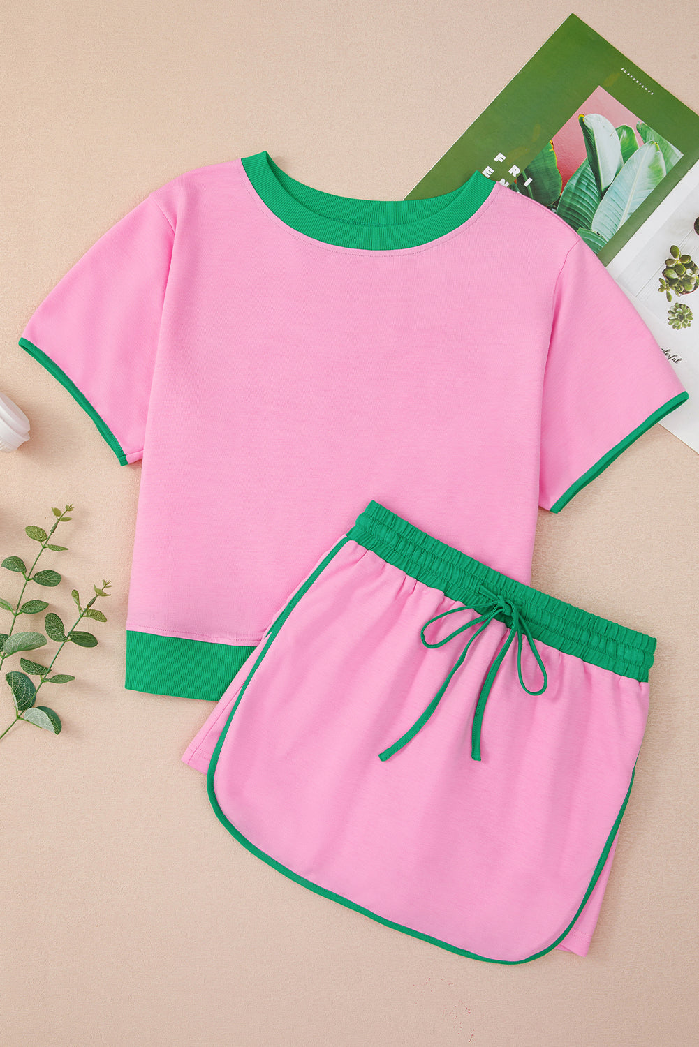 Bonbon Colorblock Edge Drop Shoulder T Shirt and Skort 2Pcs Set Short Sets JT's Designer Fashion
