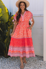 Red Floral Print Tasseled Tied Sleeve Empire Waist Maxi Dress Floral Dresses JT's Designer Fashion