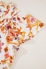 Apricot Floral Geometric Print Ruffled Trim Flutter Sleeve Mini Dress Floral Dresses JT's Designer Fashion