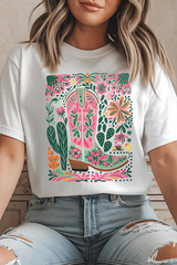 White Western Boot Flower Print Crew Neck Loose Tee Graphic Tees JT's Designer Fashion
