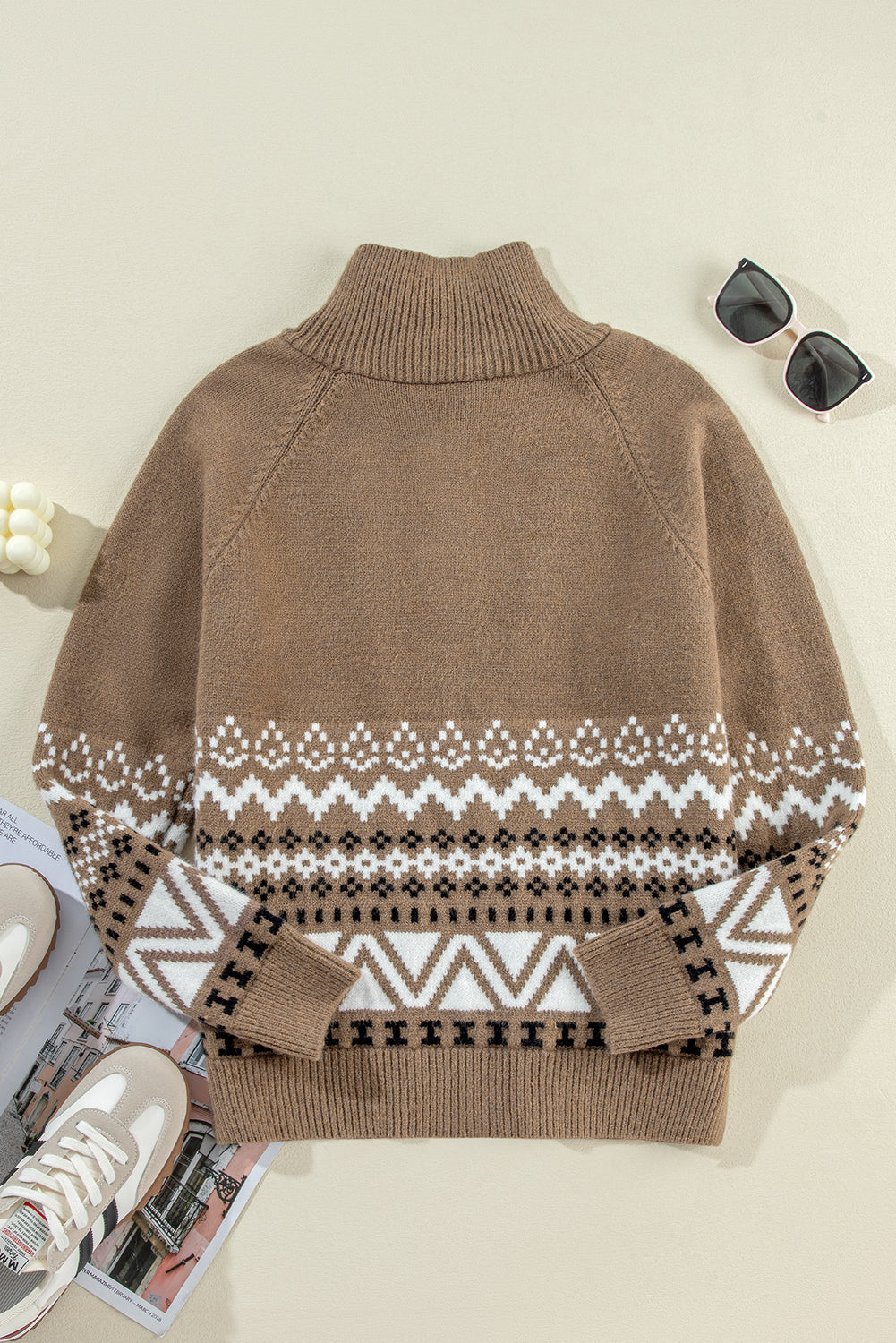 Brown Western Printed Ribbed Trim Collared Zip up Cardigan Cardigans JT's Designer Fashion