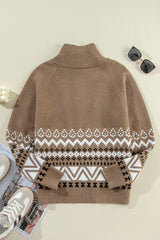 Brown Western Printed Ribbed Trim Collared Zip up Cardigan Cardigans JT's Designer Fashion