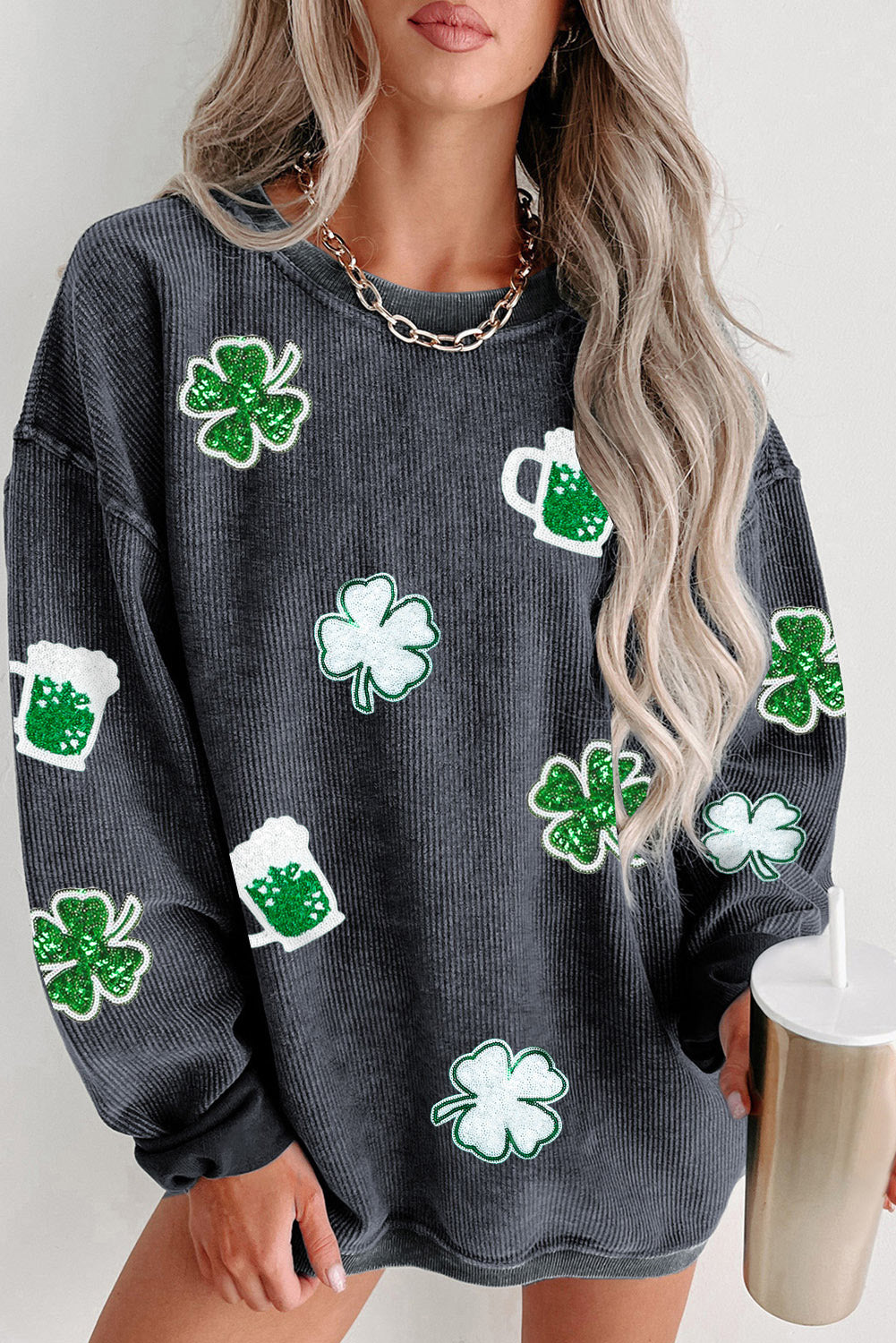 Gray Sequined Clover St Patrick Graphic Corded Sweatshirt Gray 100%Polyester Graphic Sweatshirts JT's Designer Fashion