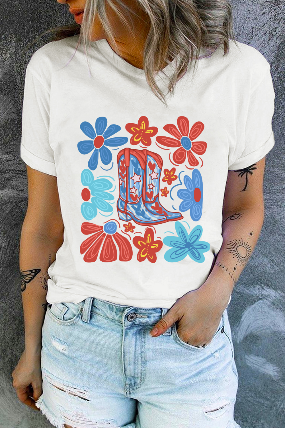 White Floral Cowgirl Boots Print Independence Day T Shirt Graphic Tees JT's Designer Fashion