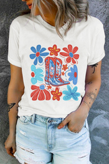 White Floral Cowgirl Boots Print Independence Day T Shirt Graphic Tees JT's Designer Fashion