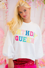 White BIRTHDAY QUEEN Graphic Balloon Sleeve Sweatshirt Sweatshirts & Hoodies JT's Designer Fashion