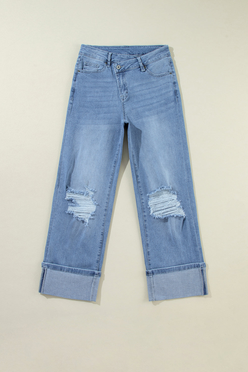 Dusk Blue High Rise Asymmetric Button Zip Fly Ripped Jeans Jeans JT's Designer Fashion