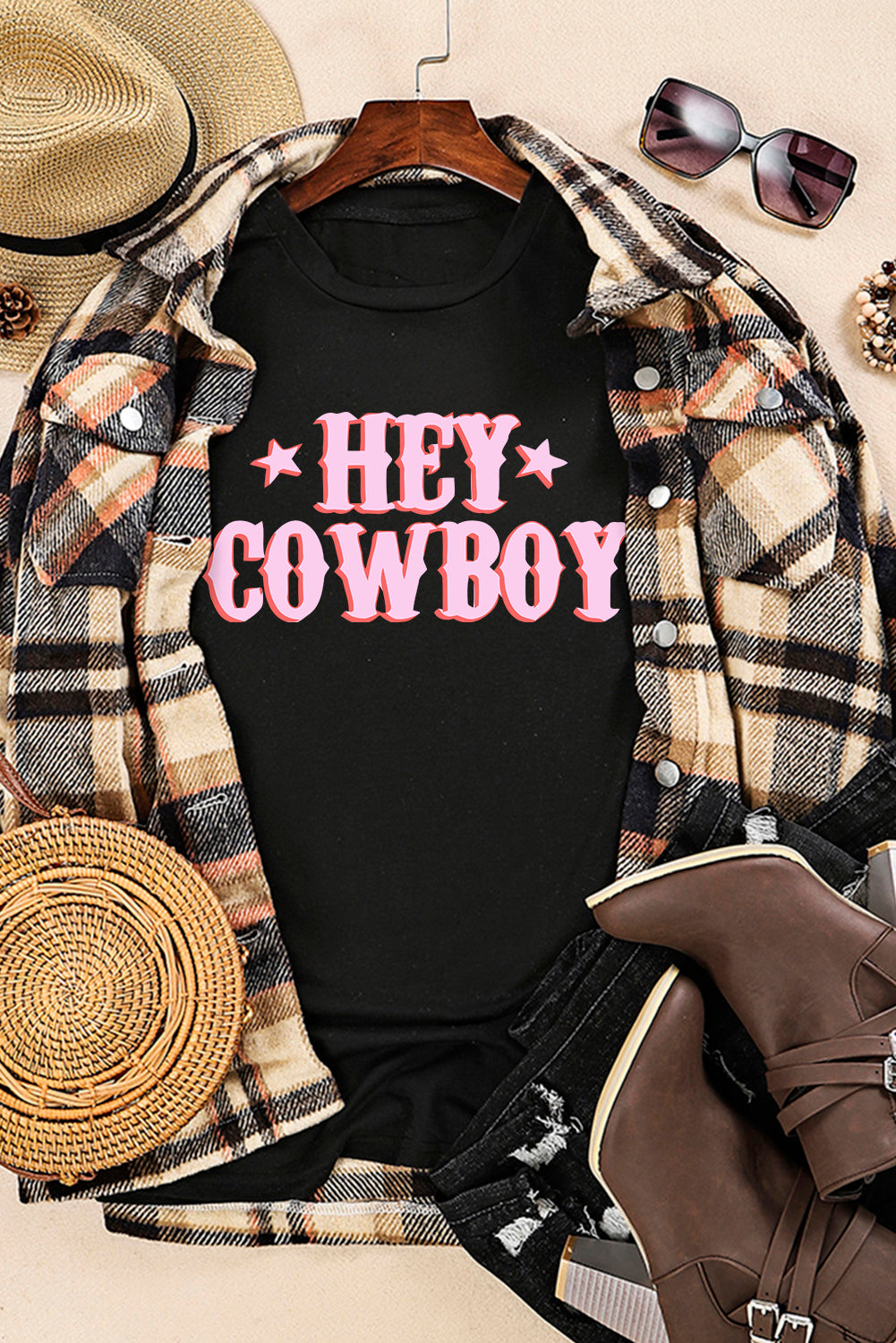 Black HEY COWBOY Graphic Crew Neck T-shirt Graphic Tees JT's Designer Fashion