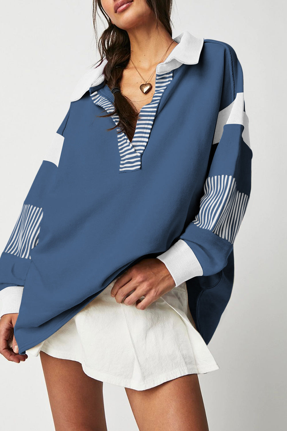 Sail Blue Striped Colorblock Patchwork Collar Sweatshirt Sweatshirts & Hoodies JT's Designer Fashion