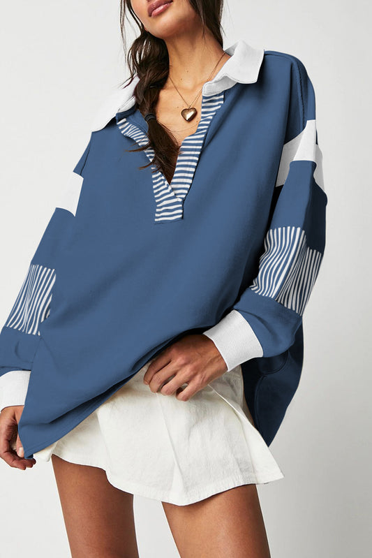 Sail Blue Striped Colorblock Patchwork Collar Sweatshirt Sweatshirts & Hoodies JT's Designer Fashion