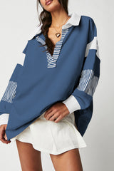Sail Blue Striped Colorblock Patchwork Collar Sweatshirt Sweatshirts & Hoodies JT's Designer Fashion