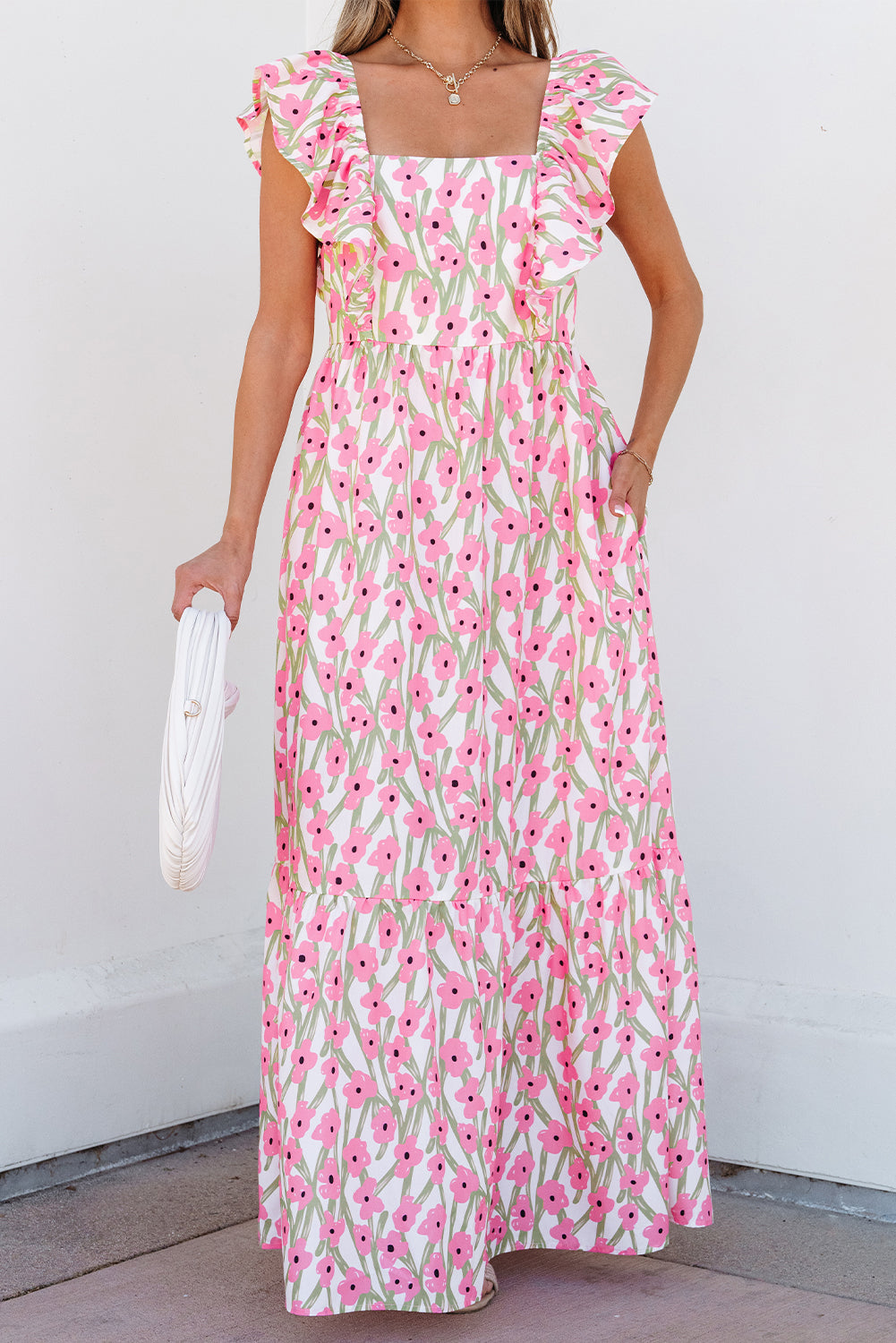 Pink Floral Print Square Neck Ruffled Strap Maxi Dress Floral Dresses JT's Designer Fashion