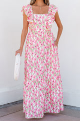Pink Floral Print Square Neck Ruffled Strap Maxi Dress Floral Dresses JT's Designer Fashion