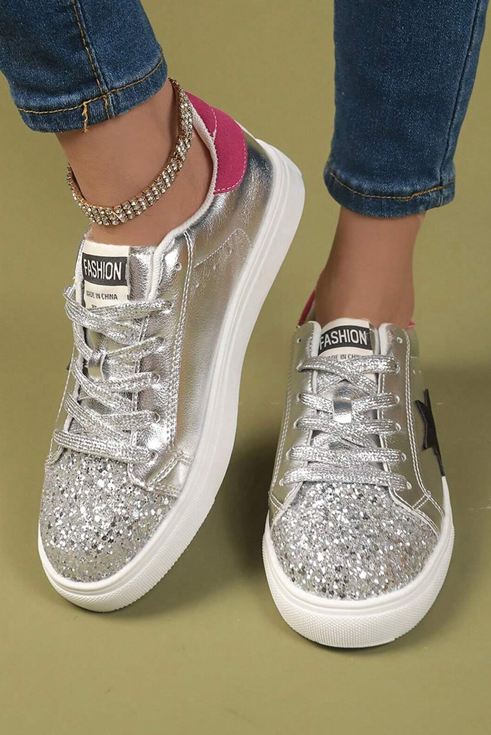 Silvery Metallic Luster Star Pattern Slip On Flat Shoes Women's Shoes JT's Designer Fashion