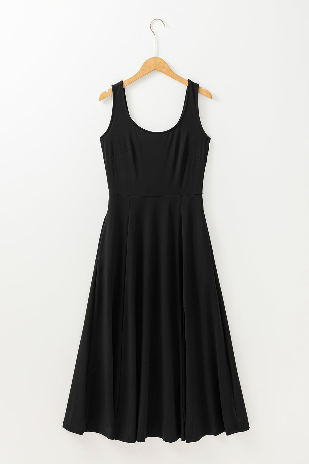 Black Sleeveless Scoop Neck Flared Split Midi Dress Midi Dresses JT's Designer Fashion