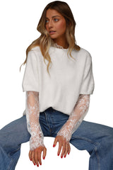 Beige Lace Sleeve Patchwork Faux Two-piece Fuzzy Sweater Sweaters JT's Designer Fashion