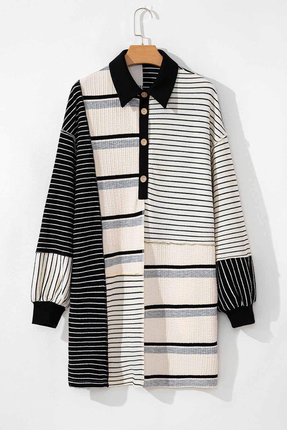 Black Stripe Colorblock Knit Henley Collar Shift Long Sleeve Mini Dress Mini Dresses JT's Designer Fashion